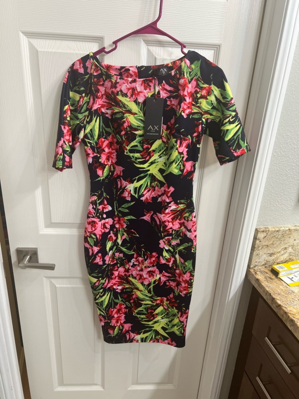 AX Paris Black Midi Dress with Pink Floral & Green Leaves